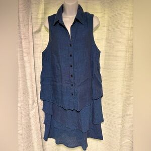 Finley Sleeveless Jenna Dress Blue Linen Button Down Shirt Dress L Made in USA